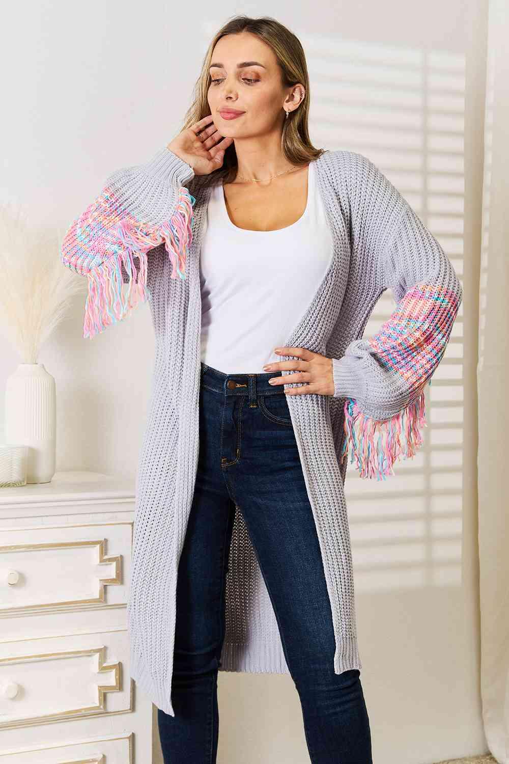 Woven Right Rib-Knit Open Front Drop Shoulder Cardigan