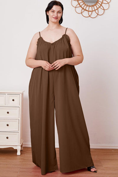 Full Size Ruffle Trim Tie Back Cami Jumpsuit with Pockets - AMIClubwear