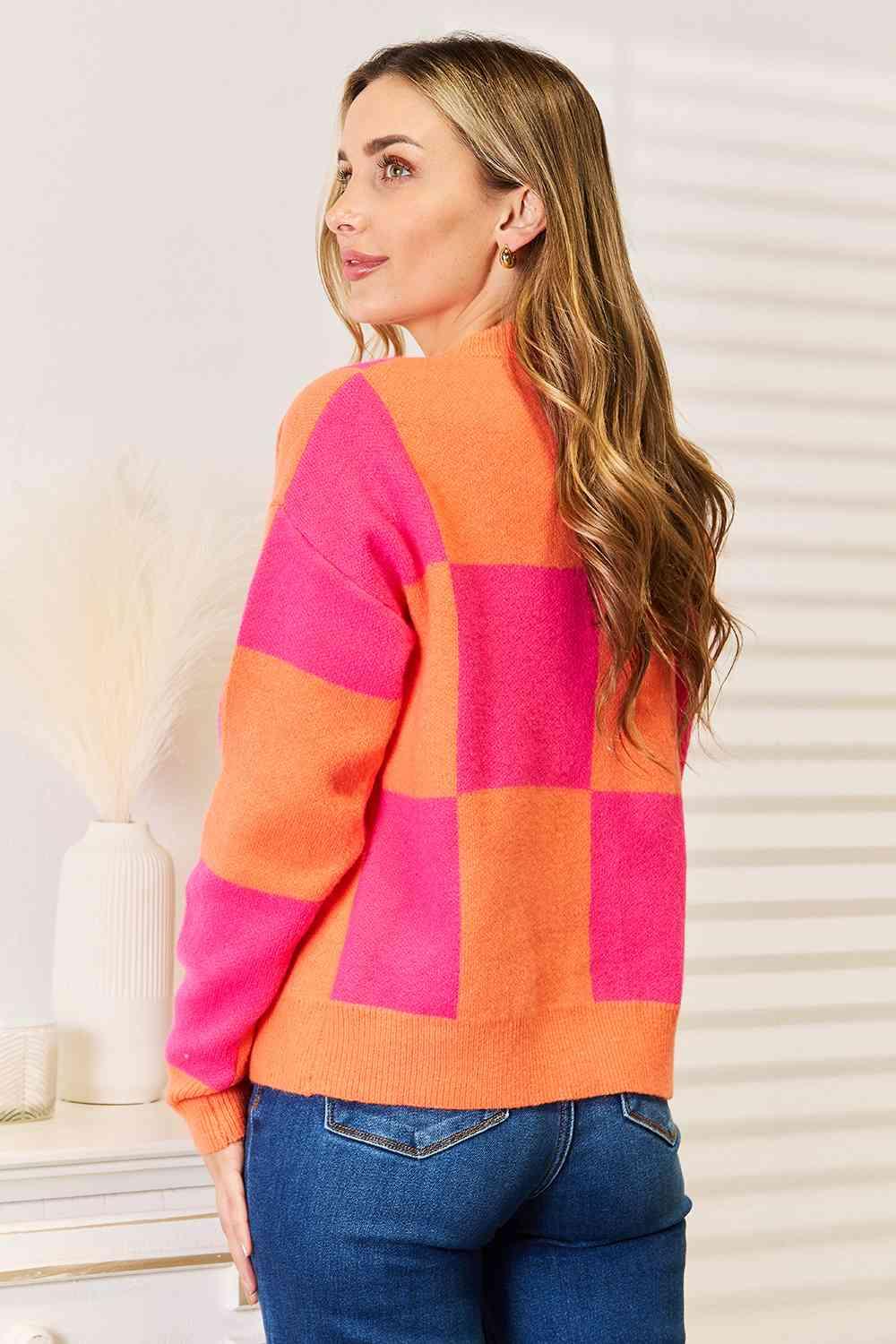 Woven Right Checkered V-Neck Dropped Shoulder Cardigan - AMIClubwear