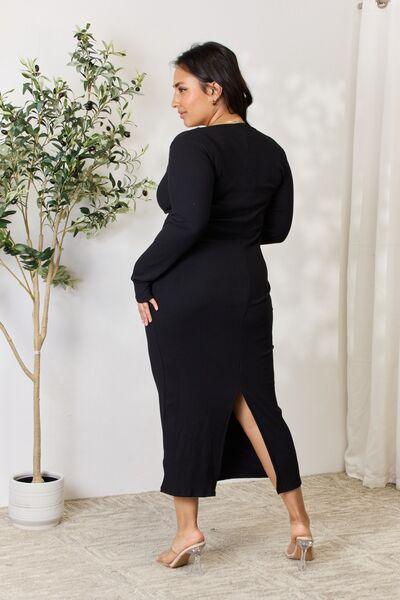 Culture Code Full Size Ribbed Long Sleeve Midi Slit Dress - AMIClubwear