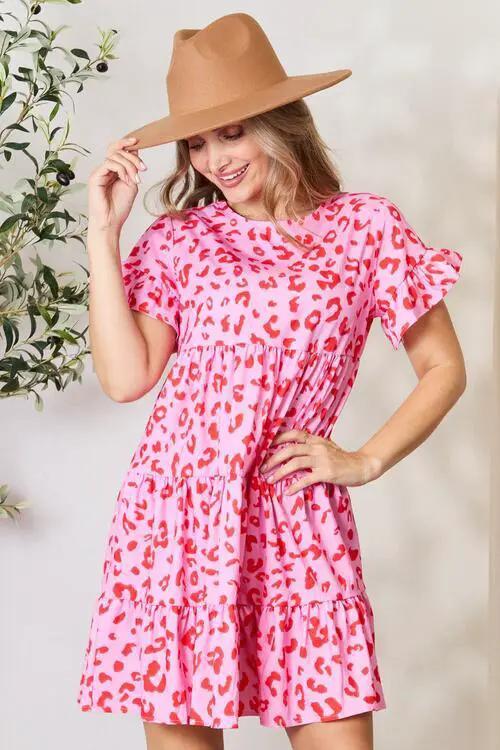 Double Take Smocked Sweetheart Neck Flounce Sleeve Mini Dress