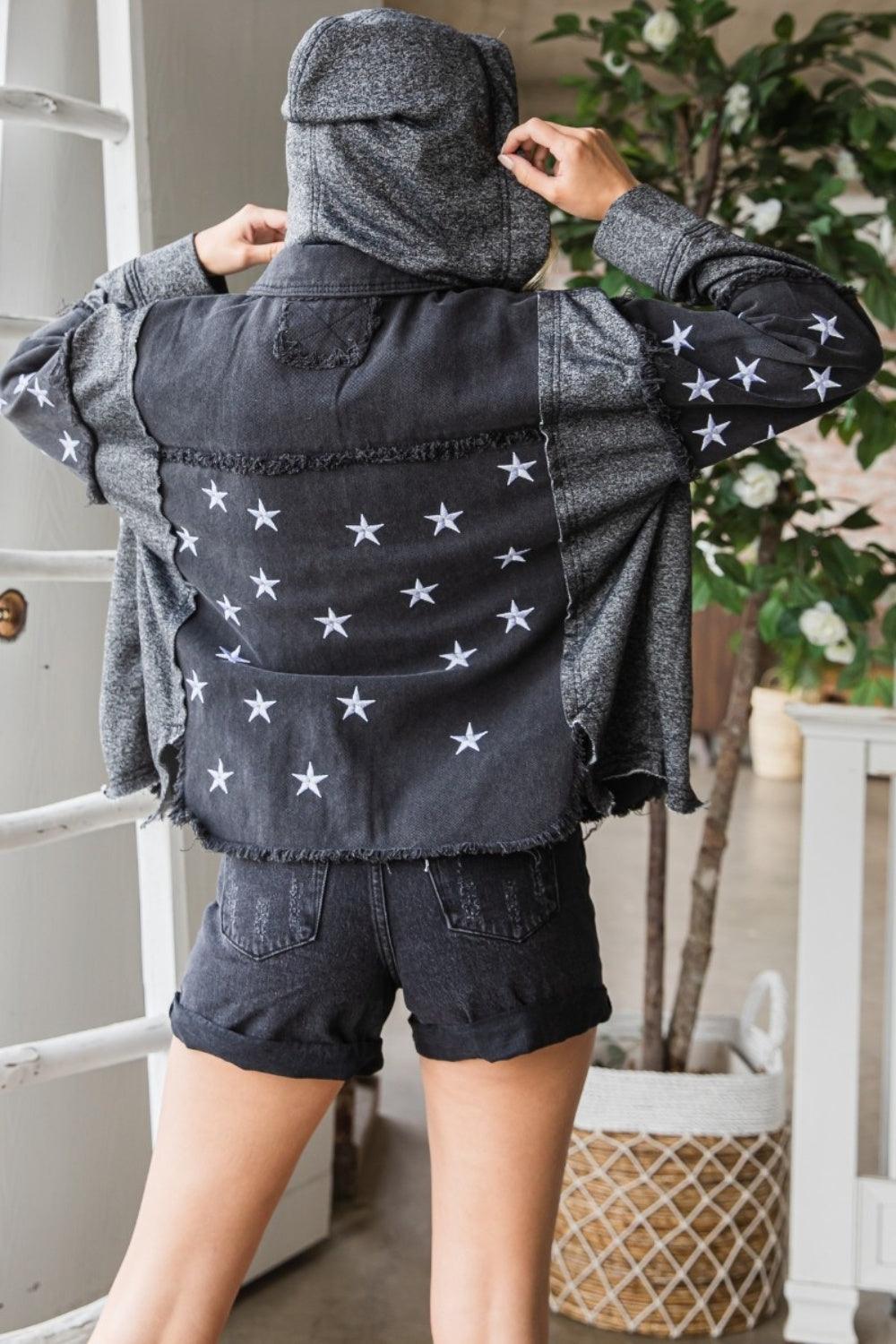 Veveret Star Embroidered Hooded Denim Jacket - AMIClubwear