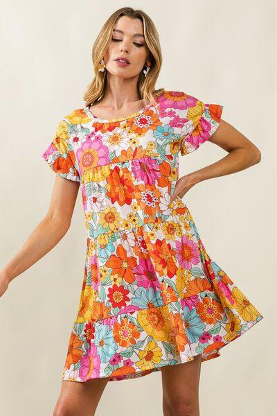 BiBi Washed Linen Tiered Midi Dress with Puff Sleeves