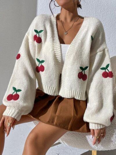 Cherry Graphic Open Front Dropped Shoulder Cardigan - AMIClubwear