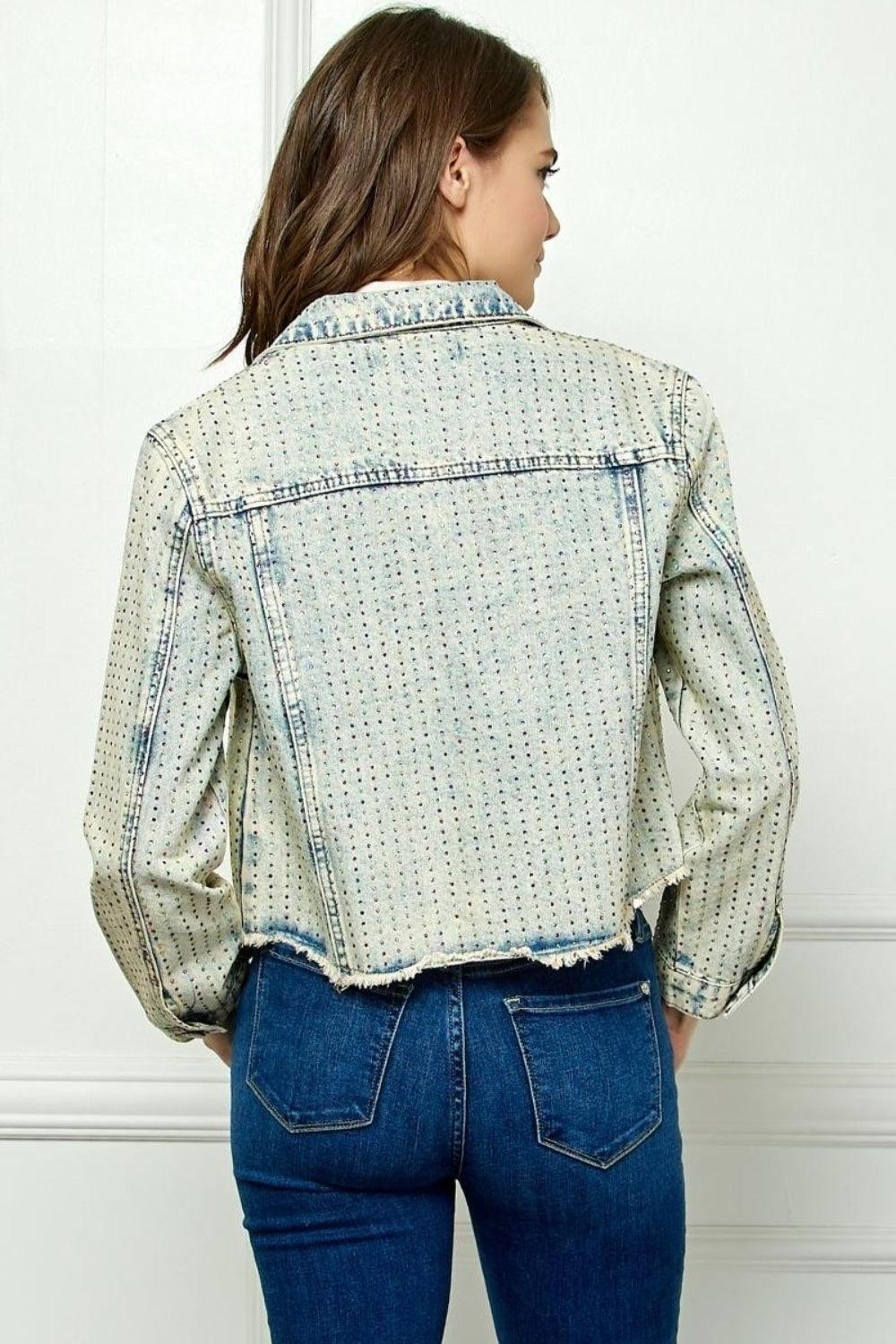 Veveret Multi Color Stripe Rhinestone Raw Hem Denim Jacket - AMIClubwear