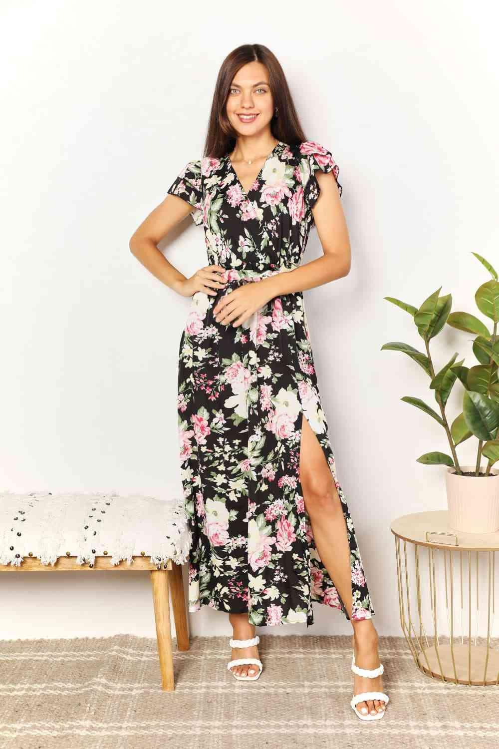 Double Take Floral Flutter Sleeve Tie-Waist Split Dress - AMIClubwear