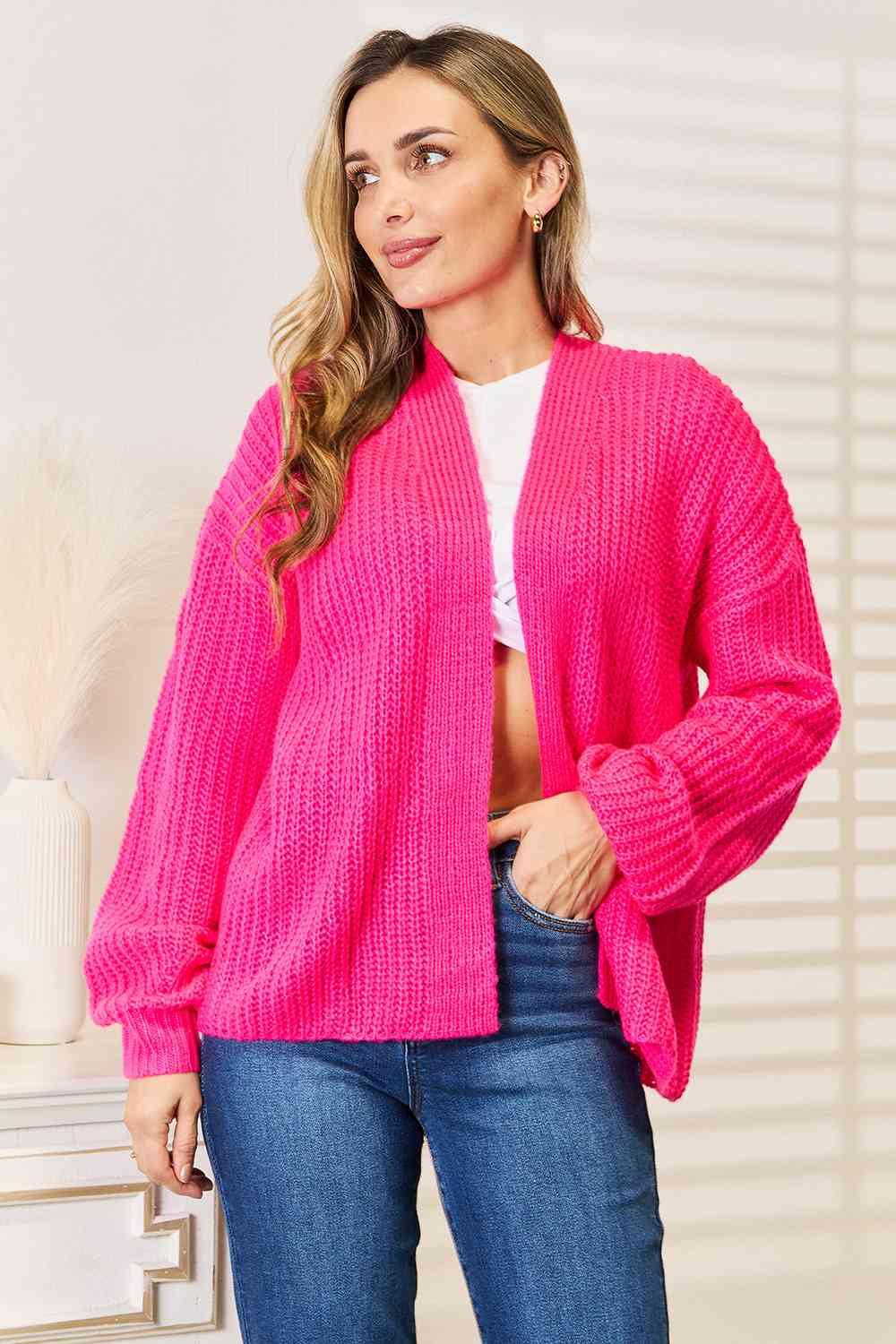 Woven Right Rib-Knit Open Front Drop Shoulder Cardigan - AMIClubwear