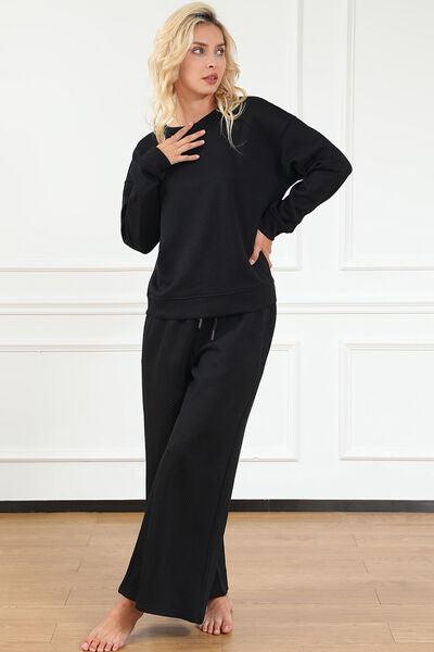 Double Take Full Size Textured Long Sleeve Top and Drawstring Pants Set - AMIClubwear