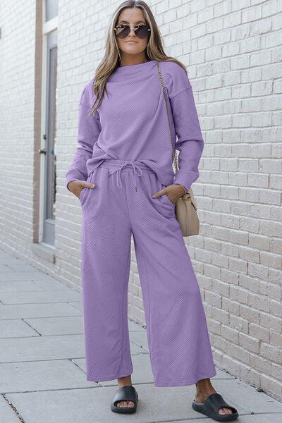Double Take Full Size Textured Long Sleeve Top and Drawstring Pants Set - AMIClubwear
