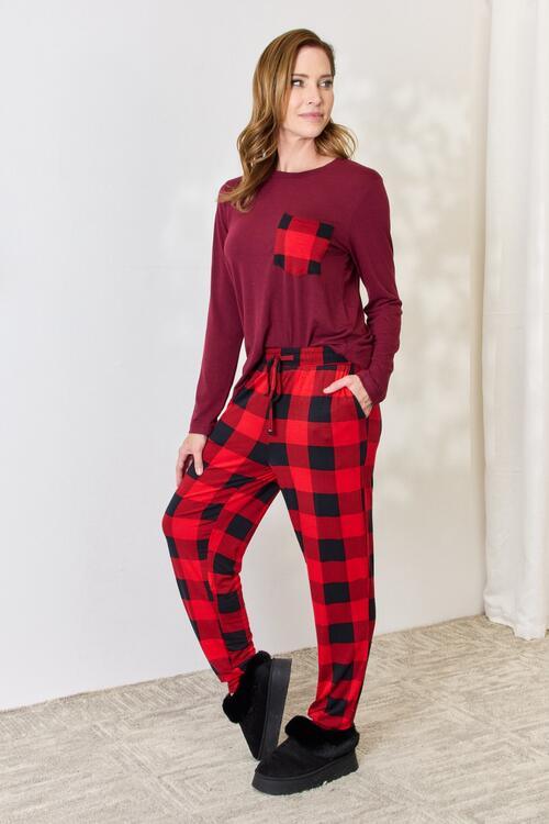 Zenana Full Size Plaid Round Neck Top and Pants Pajama Set - AMIClubwear