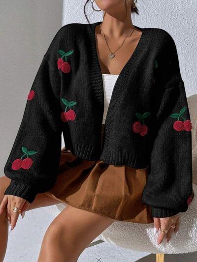 Cherry Graphic Open Front Dropped Shoulder Cardigan - AMIClubwear