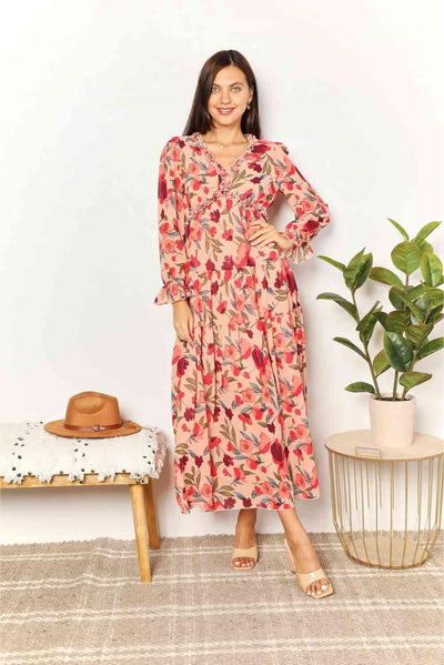 Double Take Floral Frill Trim Flounce Sleeve Plunge Maxi Dress - AMIClubwear