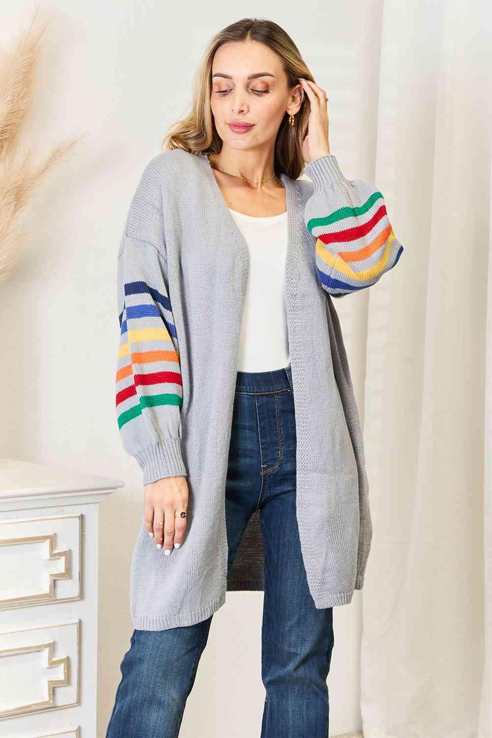 Double Take Multicolored Stripe Open Front Longline Cardigan - AMIClubwear
