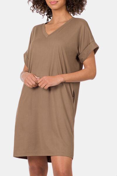 Zenana Rolled Short Sleeve V-Neck Dress - AMIClubwear