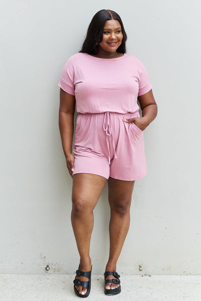Zenana Chilled Out Full Size Short Sleeve Romper in Light Carnation Pink - AMIClubwear