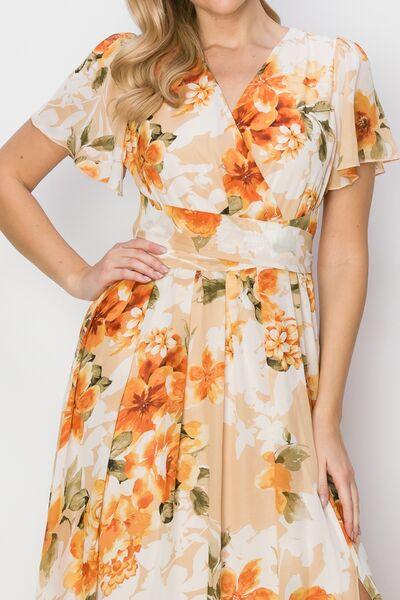 HYFVE Floral Tie Back Short Sleeve Slit Maxi Dress - AMIClubwear