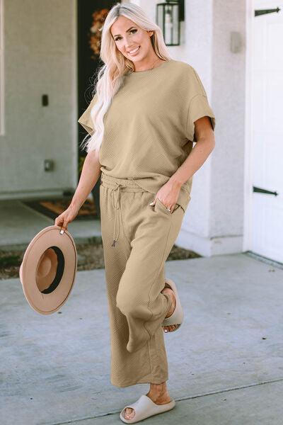 Double Take Full Size Texture Drawstring Short Sleeve Hoodie and Pocketed Pants Set main image 0