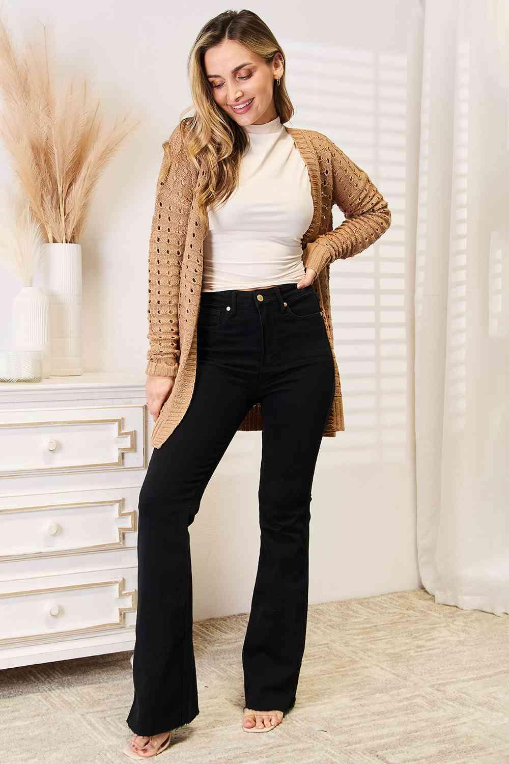 Woven Right Openwork Horizontal Ribbing Open Front Cardigan - AMIClubwear