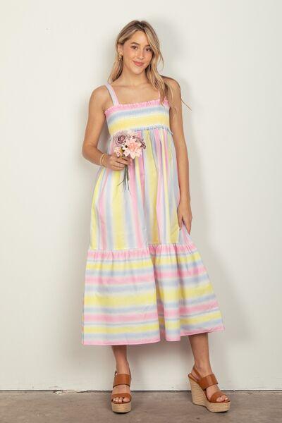 VERY J Striped Woven Smocked Midi Cami Dress - AMIClubwear