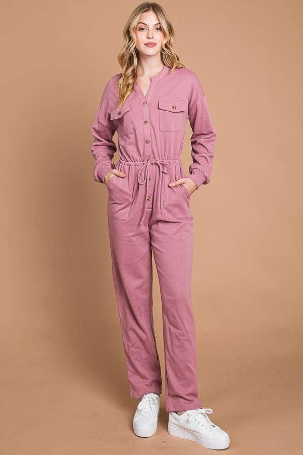 Culture Code Full Size Button Up Drawstring Waist Straight Jumpsuit - AMIClubwear