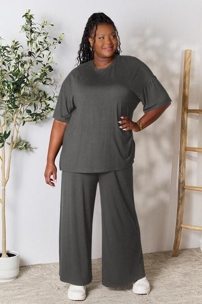 Double Take Full Size Round Neck Slit Top and Pants Set - AMIClubwear