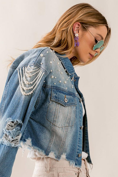 BiBi Pearl Detail Distressed Cropped Denim Jacket - AMIClubwear