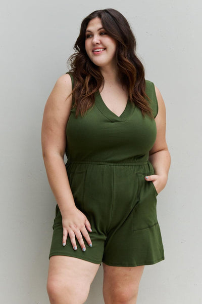 Zenana Forever Yours Full Size V-Neck Sleeveless Romper in Army Green - AMIClubwear