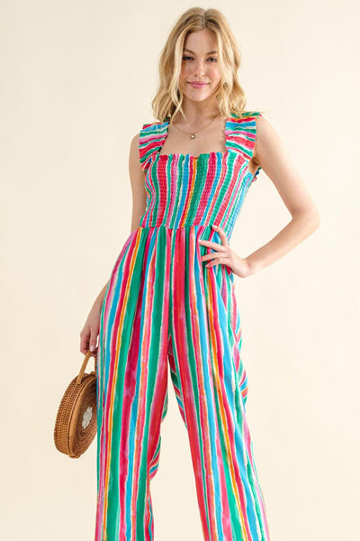 And The Why Full Size Striped Smocked Sleeveless Jumpsuit - AMIClubwear