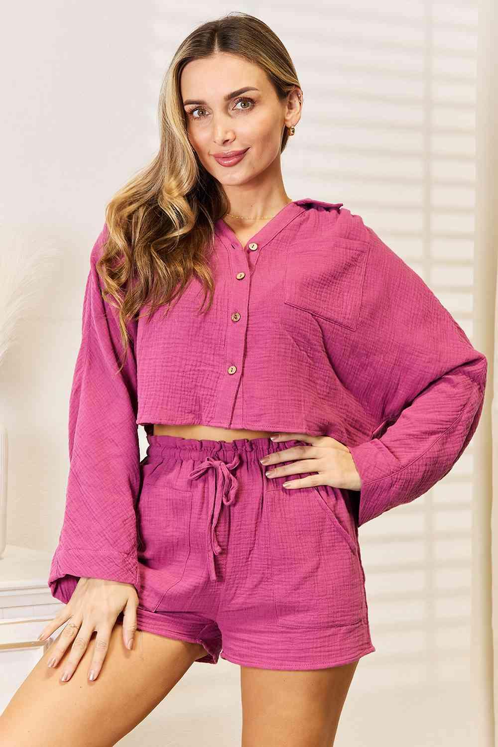 Basic Bae Buttoned Long Sleeve Top and Shorts Set - AMIClubwear