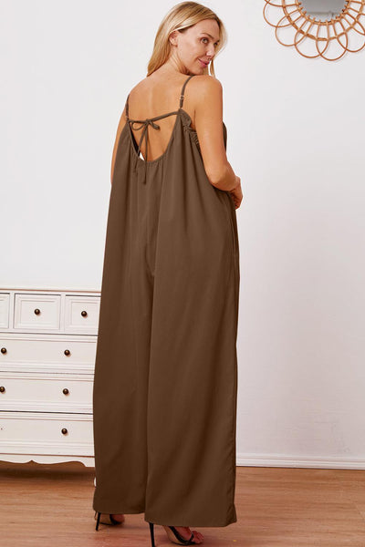 Full Size Ruffle Trim Tie Back Cami Jumpsuit with Pockets - AMIClubwear