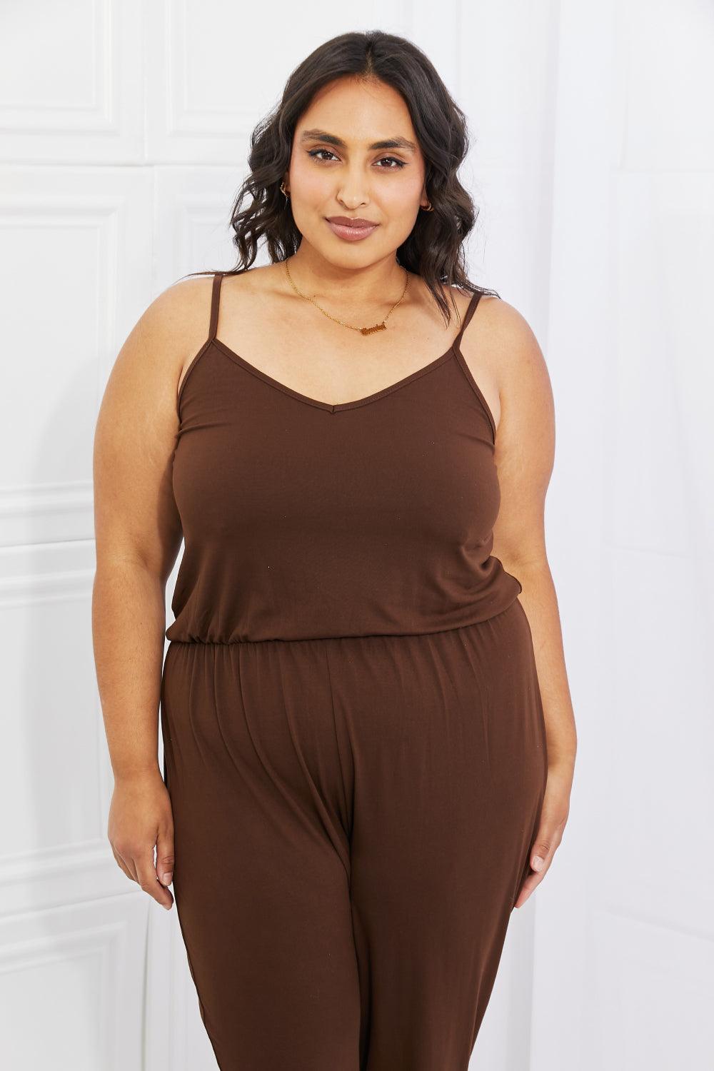 Capella Comfy Casual Full Size Solid Elastic Waistband Jumpsuit in Chocolate - AMIClubwear