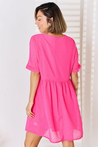 Zenana Swiss Dot Rolled Short Sleeve Babydoll Dress - AMIClubwear