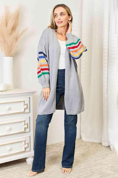 Double Take Multicolored Stripe Open Front Longline Cardigan - AMIClubwear