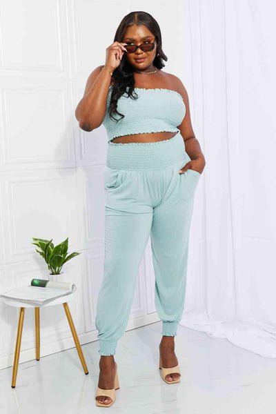 Zenana Full Size Stylish Comfort Smocked Tube Top & Joggers Set - AMIClubwear