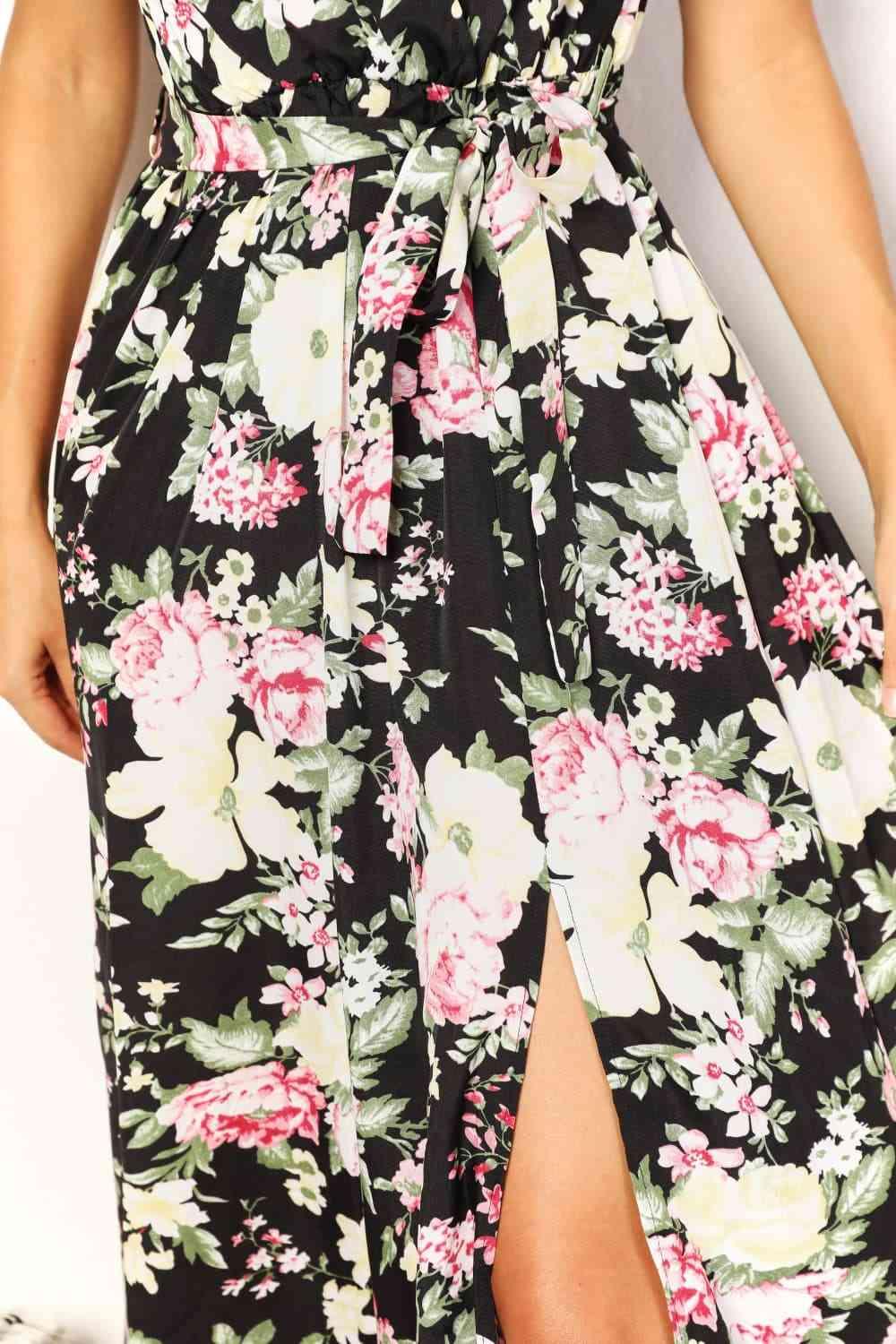 Double Take Floral Flutter Sleeve Tie-Waist Split Dress - AMIClubwear