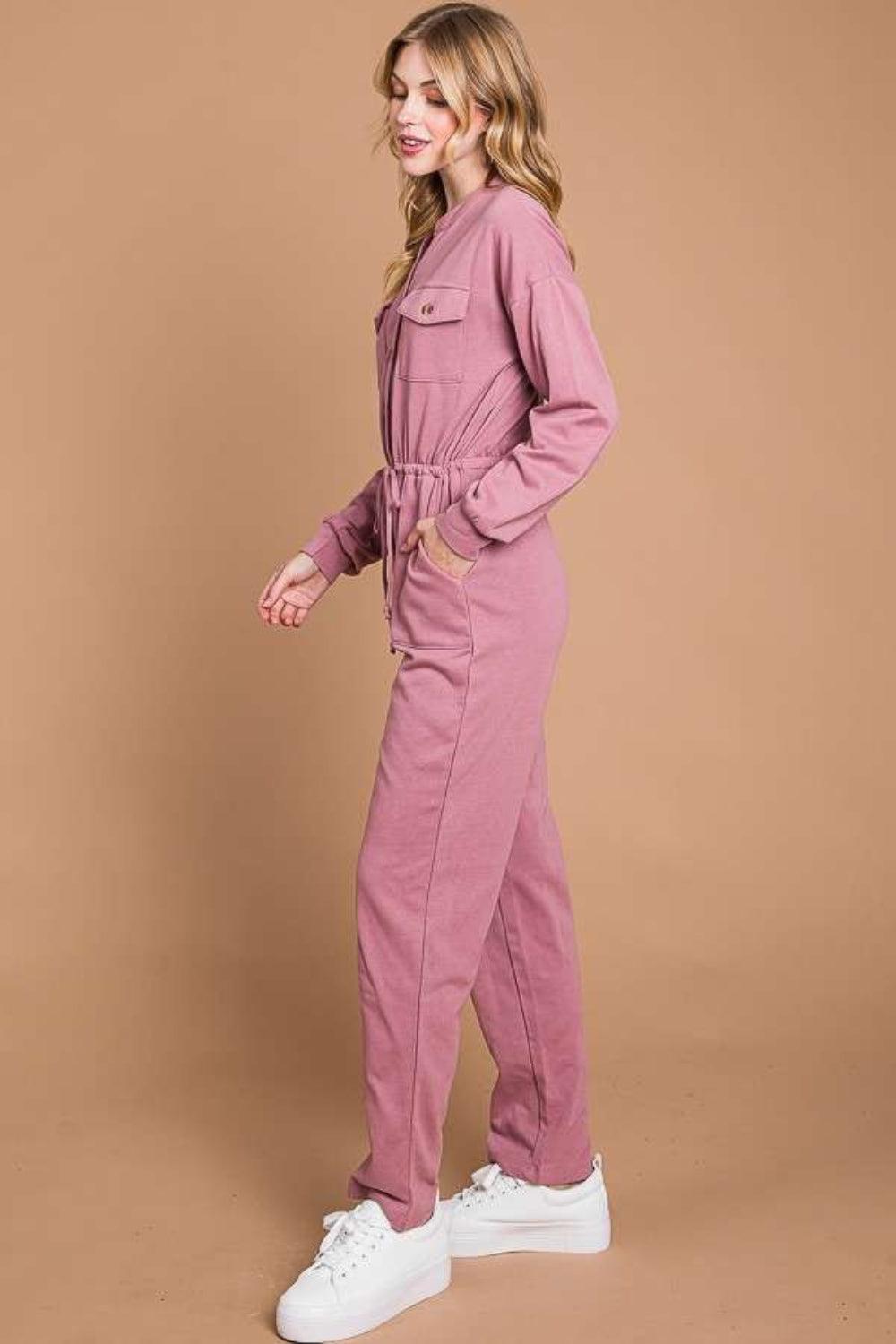 Culture Code Full Size Button Up Drawstring Waist Straight Jumpsuit - AMIClubwear