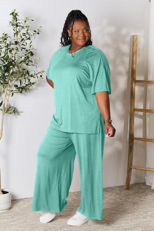 Double Take Full Size Round Neck Slit Top and Pants Set - AMIClubwear