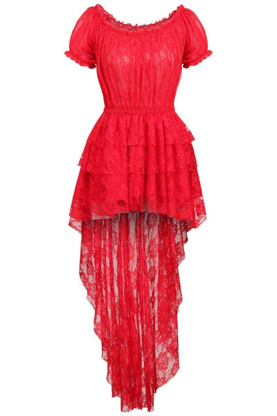 Red High Low Lace Dress - AMIClubwear