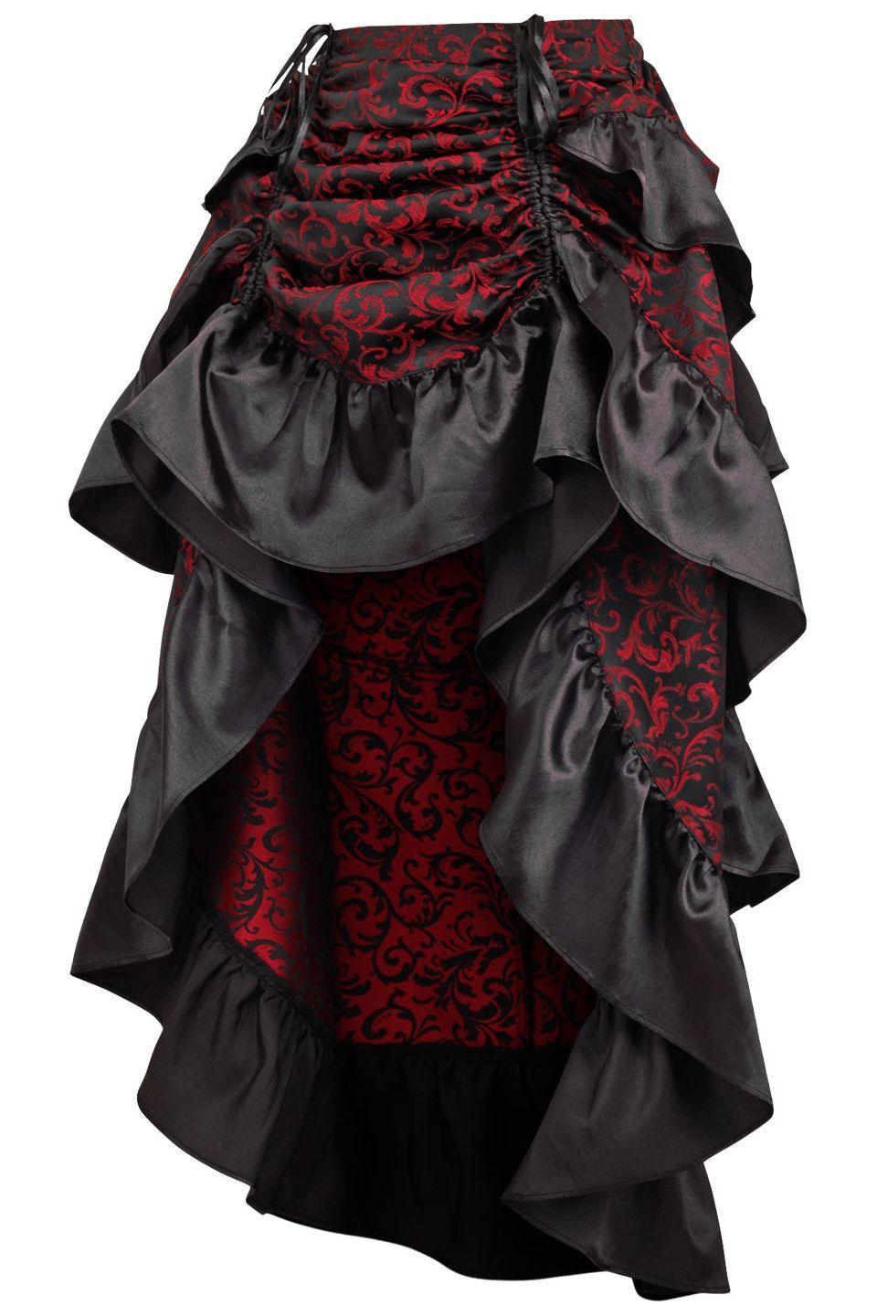Red/Black Brocade Adjustable High Low Bustle Skirt - AMIClubwear