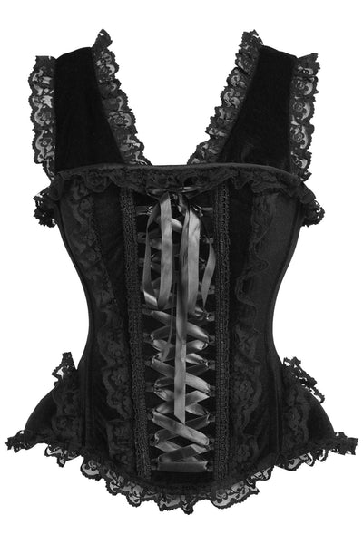 Top Drawer Black Velvet & Lace Steel Boned Corset w/Cap Sleeves - AMIClubwear