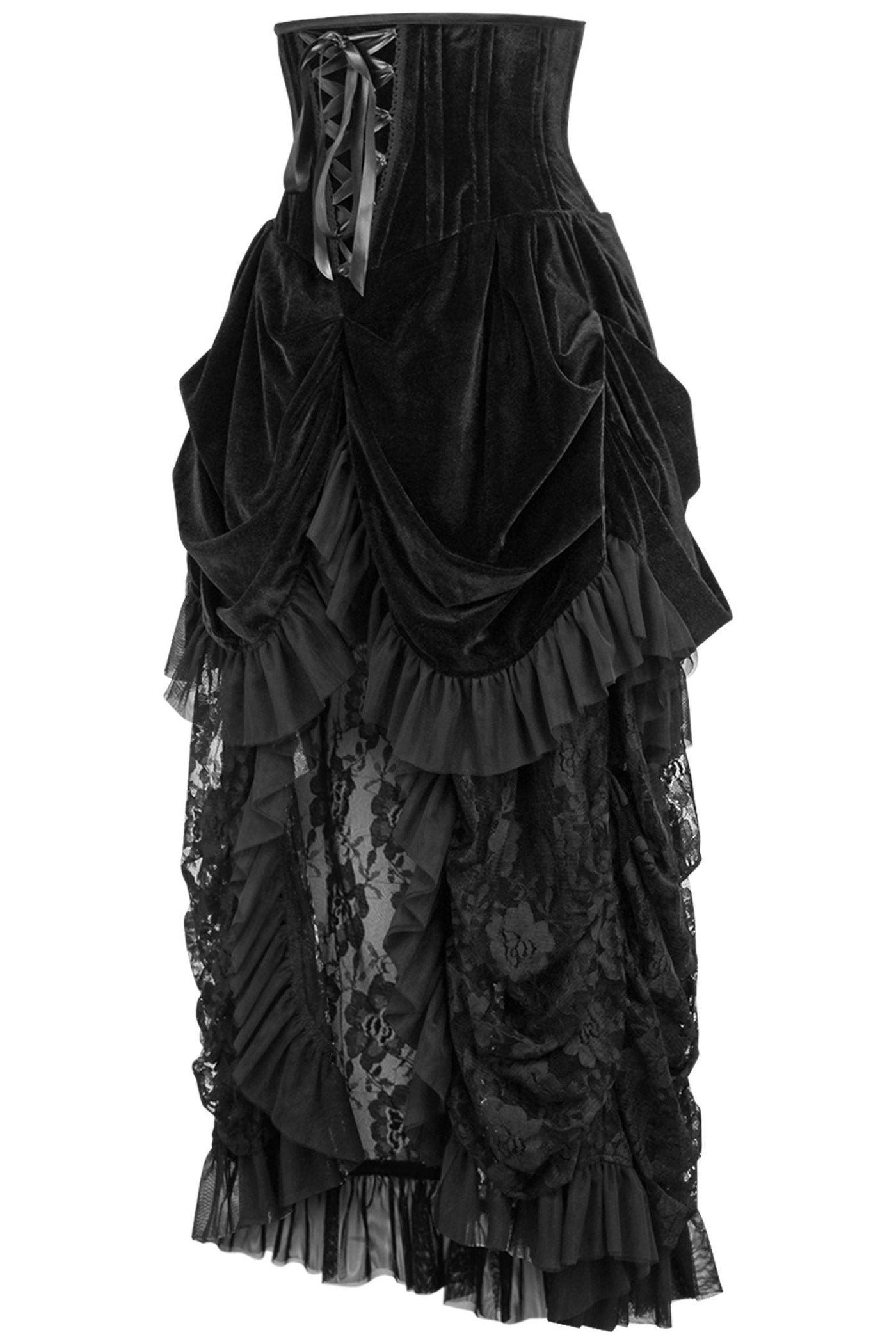 Top Drawer Steel Boned Black Velvet Victorian Bustle Underbust Corset Dress - AMIClubwear