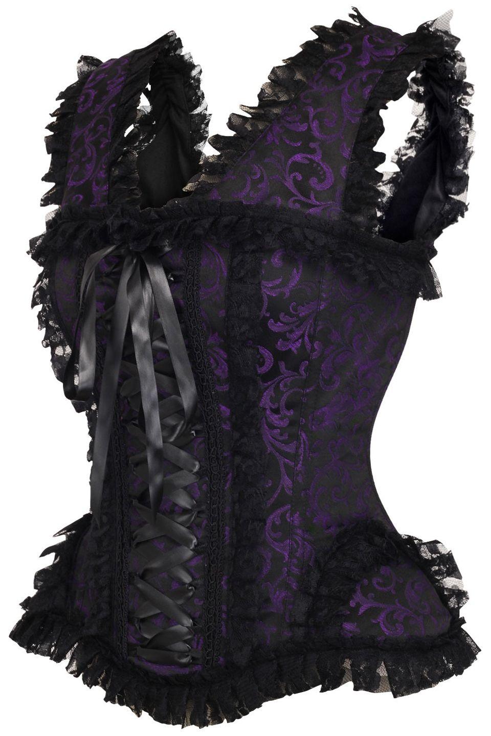 Top Drawer Purple/Black Swirl Brocade & Lace Steel Boned Corset w/Cap Sleeves - AMIClubwear