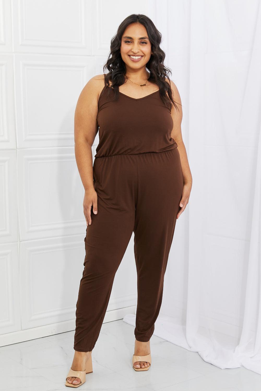Capella Comfy Casual Full Size Solid Elastic Waistband Jumpsuit in Chocolate - AMIClubwear