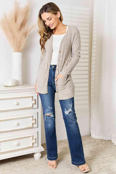 Double Take Ribbed Button-Up Cardigan with Pockets - AMIClubwear