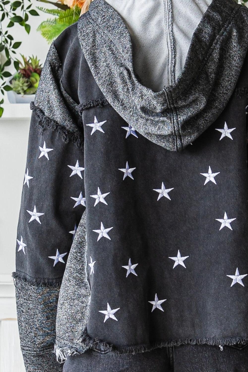 Veveret Star Embroidered Hooded Denim Jacket - AMIClubwear