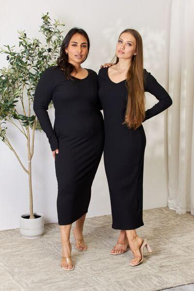 Culture Code Full Size Ribbed Long Sleeve Midi Slit Dress - AMIClubwear