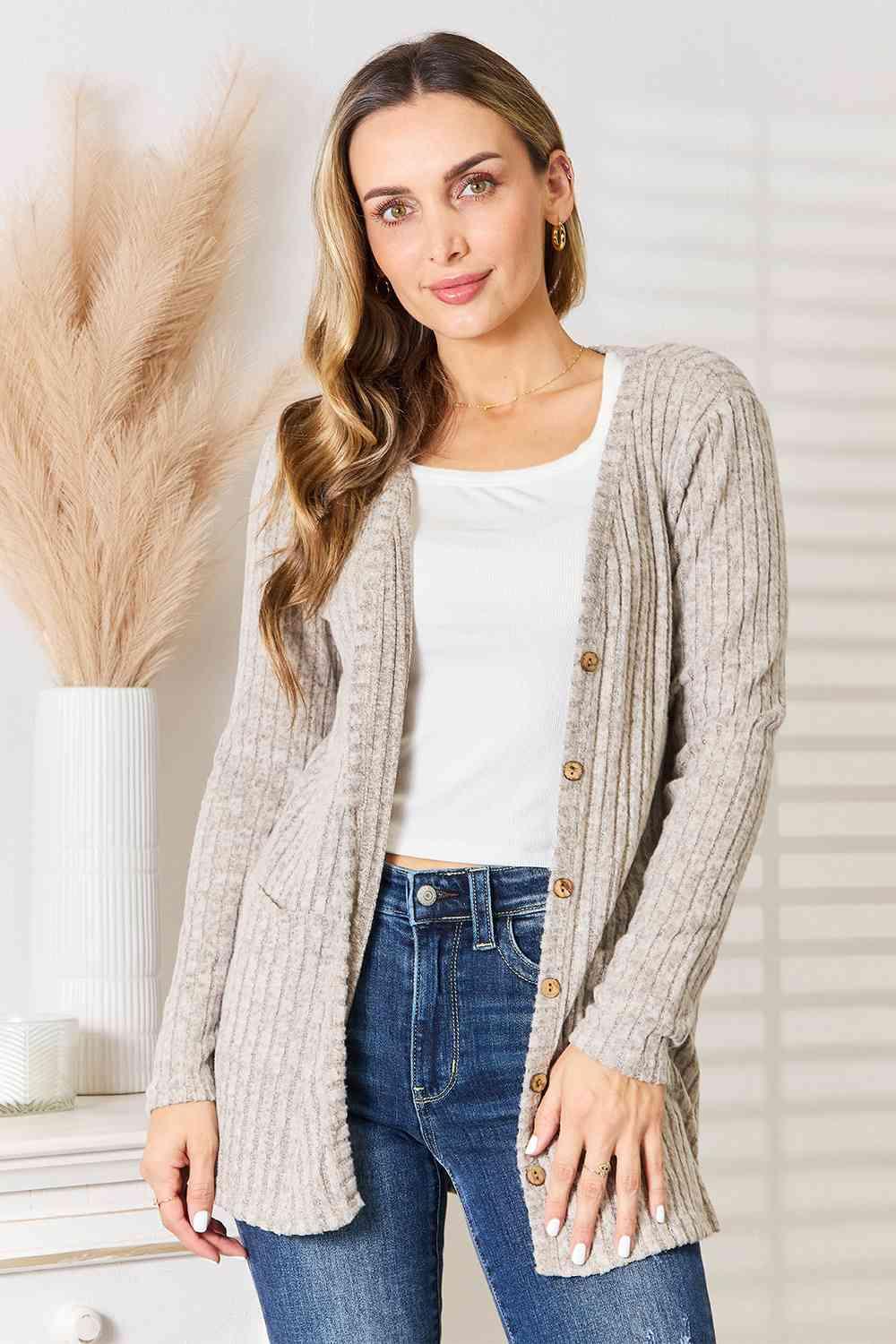 Double Take Ribbed Button-Up Cardigan with Pockets - AMIClubwear