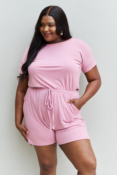 Zenana Chilled Out Full Size Short Sleeve Romper in Light Carnation Pink - AMIClubwear