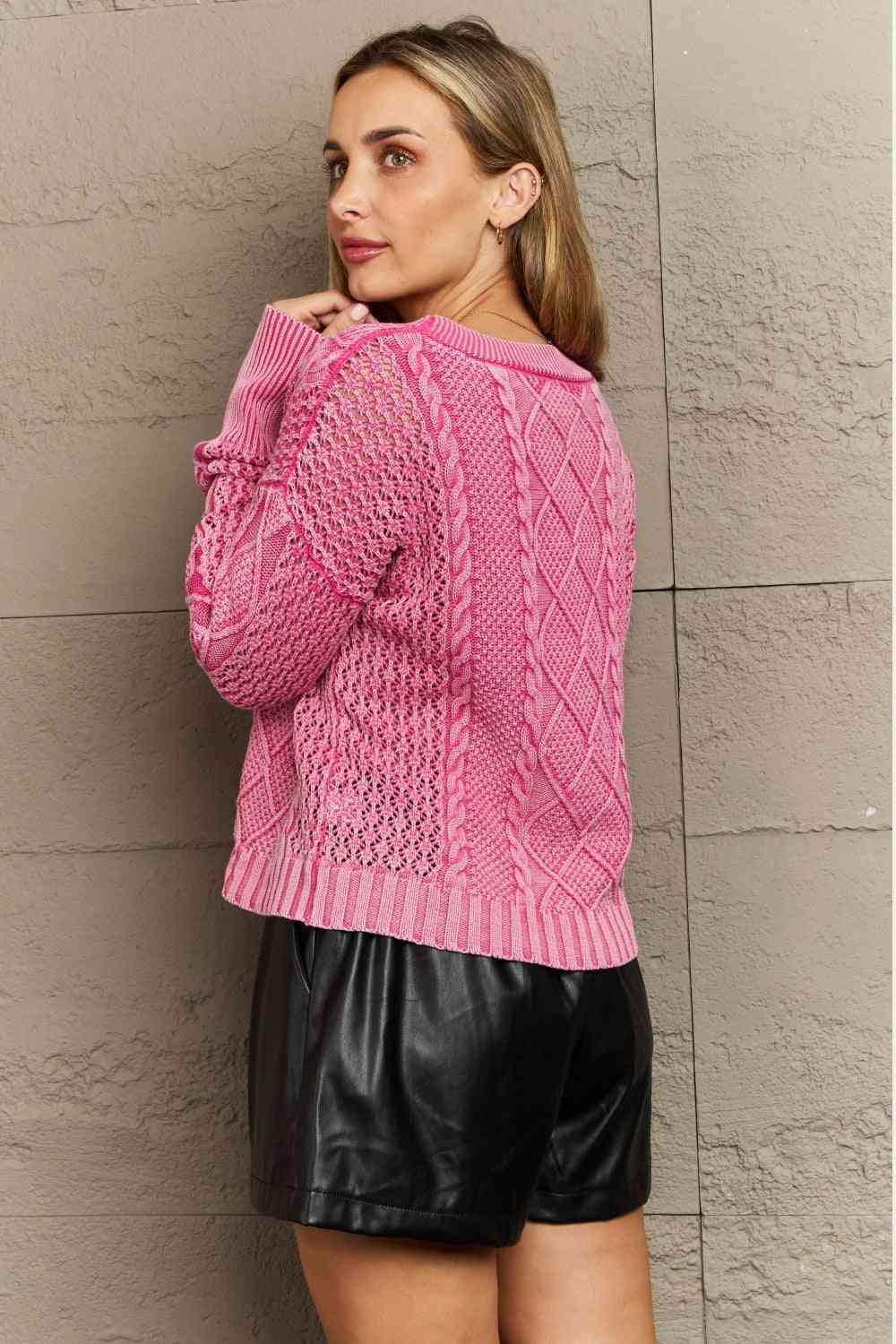HEYSON Soft Focus Full Size Wash Cable Knit Cardigan in Fuchsia - AMIClubwear