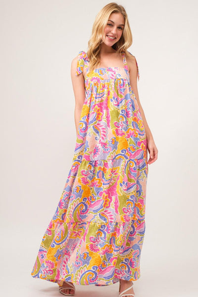 And The Why Full Size Printed Tie Shoulder Tiered Maxi Dress - AMIClubwear